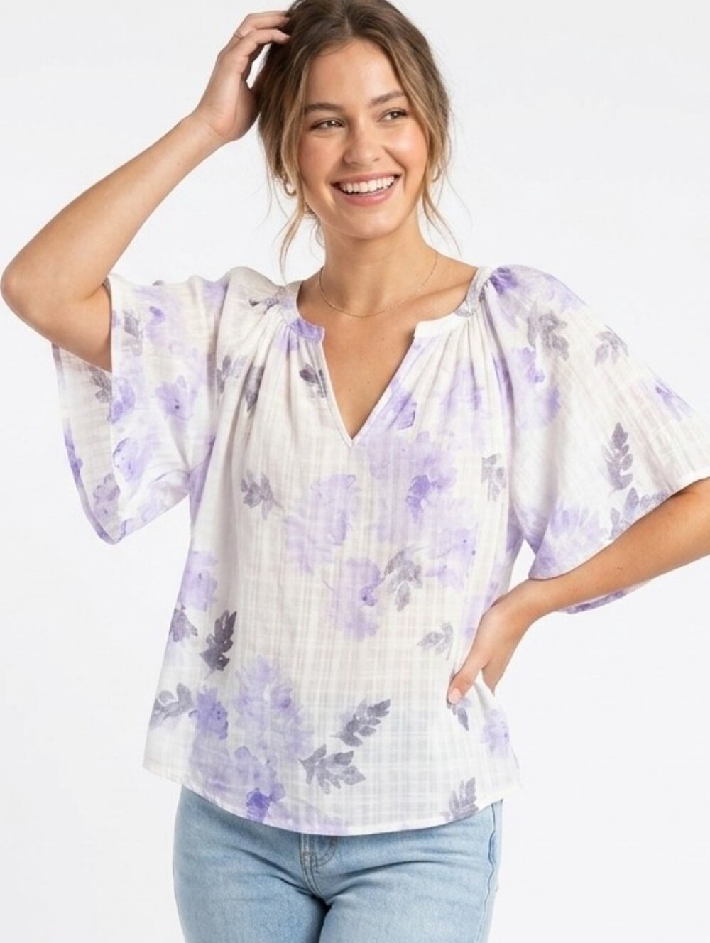 Love Stitch White and Lavender Floral V-Neck Flutter Sleeve Blouse